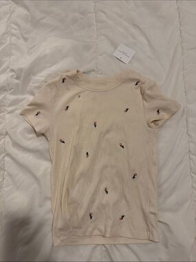 Kids Ribbed Tee with Floral Embroidery - Cream